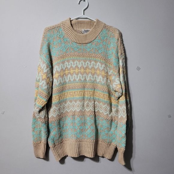 Vintage 80s grandpa style fair isle heavy knit pullover sweater - Picture 3 of 12